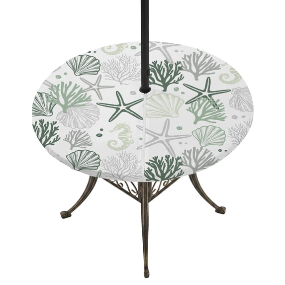 Round Outdoor Tablecloth with Umbrella Hole and Zipper, Sage Green Coastal Fitted Table Cover with Elastic Edge for 45-54 Inch, Summer Beach Starfish Coral Nautical Waterproof Patio Tablecoths