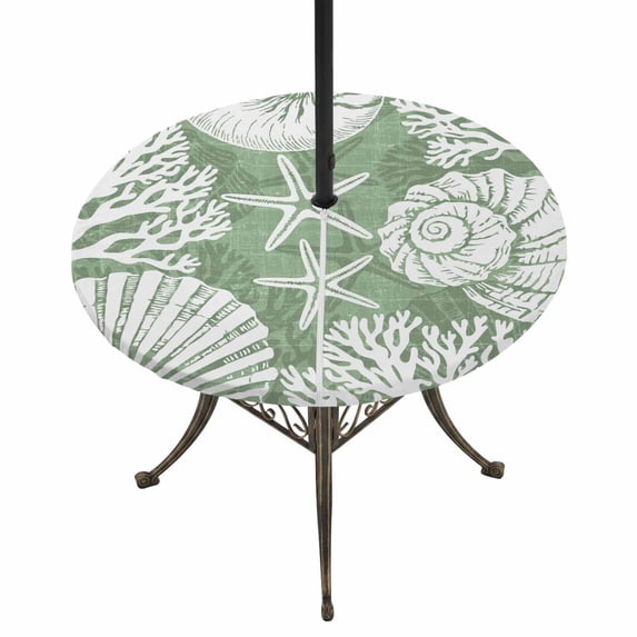 Round Outdoor Tablecloth with Umbrella Hole and Zipper, Sage Green Coastal Tablecloth with Elastic Waterproof, Conch Nautical Summer Starfish Shell Coral Patio Table Covers for 55" - 60" Pool Tables