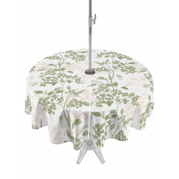 Round Outdoor Tablecloth With Umbrella Hole And Zipper– Sage Green Floral Waterproof Patio Table Cover for Party, Picnic, Backyard, 60" Dia. , Vintage Abstract Botanical Pattern