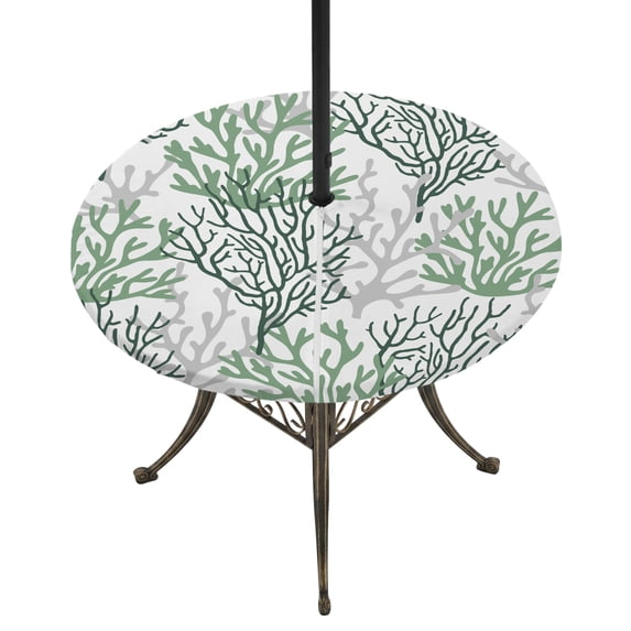Round Outdoor Tablecloth with Umbrella Hole and Zipper, Sage Green Gray Coral Coastal Fitted Table Cover with Elastic Edge for 55-60 Inch, Summer Beach Seaside Nautical Waterproof Patio Tablecoths