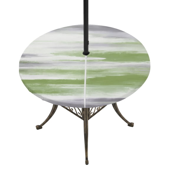 Round Outdoor Tablecloth with Umbrella Hole and Zipper, Sage Green Gray Fitted Table Cover with Elastic Edge for 31-35 Inch, Neutral Abstract White Ombre Texture Waterproof Patio Tablecoths