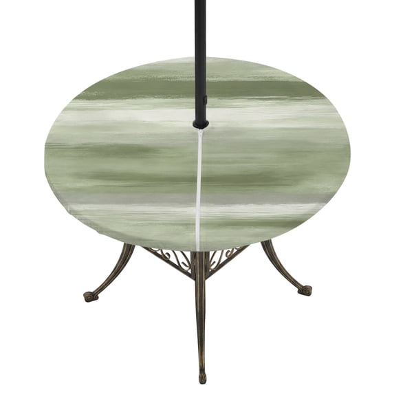Round Outdoor Tablecloth with Umbrella Hole and Zipper, Sage Green Grey Fitted Table Cover with Elastic Edge for 31-35 Inch, Abstract Art Oil Painting Green Ombre Waterproof Patio Tablecoths