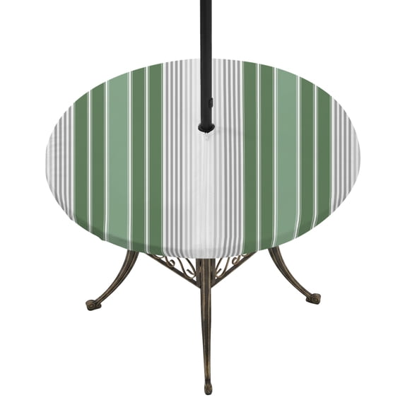 Round Outdoor Tablecloth with Umbrella Hole and Zipper, Sage Green Grey Stripe Tablecloth with Elastic Waterproof, Farmhouse Simple Striped Patio Table Covers for 36" - 44" Picnic Pool Tables