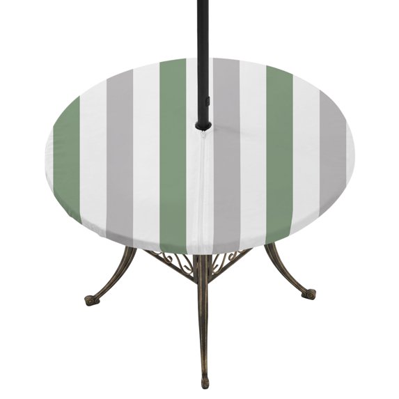 Round Outdoor Tablecloth with Umbrella Hole and Zipper, Sage Green Grey Striped Tablecloth with Elastic Waterproof, Minimalist Farmhouse Stripe Patio Table Covers for 55" - 60" Picnic Pool Tables