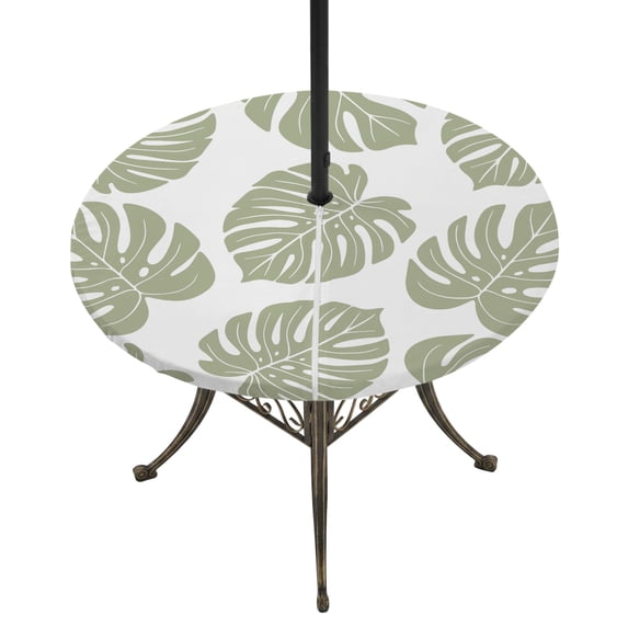 Round Outdoor Tablecloth with Umbrella Hole and Zipper, Sage Green Monstera Leaf Tablecloth with Elastic Waterproof, Tropical Plant Foliage Botanical Boho Patio Table Covers for 31" - 35" Tables