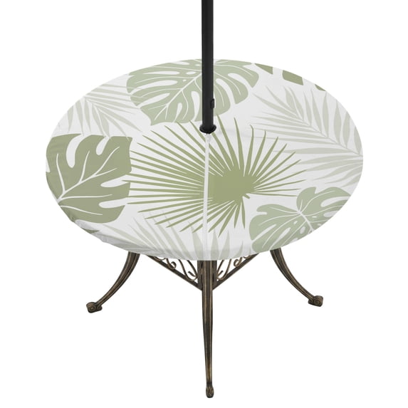 Round Outdoor Tablecloth with Umbrella Hole and Zipper, Sage Green Palm Leaves Tablecloth with Elastic Waterproof, Tropical Botanical Summer Patio Table Covers for 36" - 44" Picnic Pool Tables