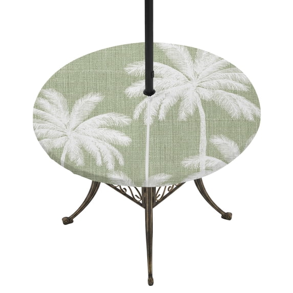 Round Outdoor Tablecloth with Umbrella Hole and Zipper, Sage Green Palm Trees Tablecloth with Elastic Waterproof, Farmhouse Tropical Summer Beach Patio Table Covers for 45" - 54" Picnic Pool Tables