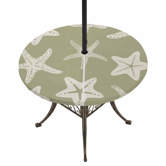 Round Outdoor Tablecloth with Umbrella Hole and Zipper, Sage Green Starfish Coastal Tablecloth with Elastic Waterproof, Nautical Summer Ocean Abstract Art Patio Table Covers for 36" - 44" Tables