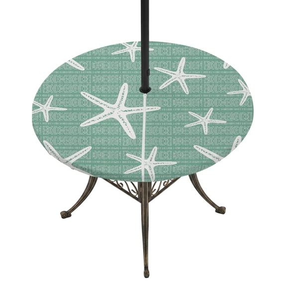 Round Outdoor Tablecloth with Umbrella Hole and Zipper, Sage Green Starfish Coastal Tablecloth with Elastic Waterproof, Summer Beach Nautical Sea Ocean Patio Table Covers for 36" - 44" Pool Tables