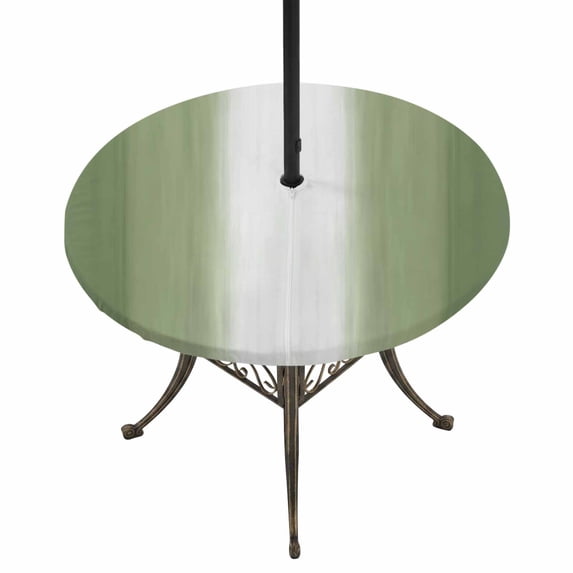 Round Outdoor Tablecloth with Umbrella Hole and Zipper, Sage Green Striped Fitted Table Cover with Elastic Edge for 45-54 Inch, Green White Ombre Farmhouse Gradient Waterproof Patio Tablecoths