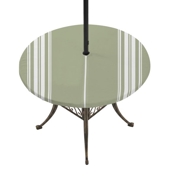 Round Outdoor Tablecloth with Umbrella Hole and Zipper, Sage Green Striped Fitted Table Cover with Elastic Edge for 55-60 Inch, Farmhouse White Stripes Aesthetics Waterproof Patio Tablecoths
