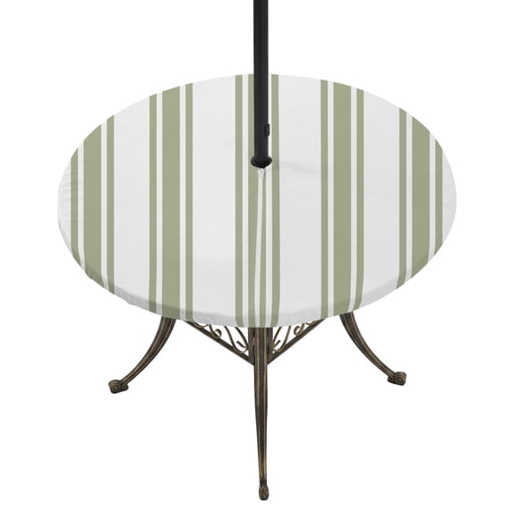 Round Outdoor Tablecloth with Umbrella Hole and Zipper, Sage Green Striped Tablecloth with Elastic Waterproof, Farmhouse Aesthetic Modern Stripes Patio Table Covers for 36" - 44" Picnic Pool Tables