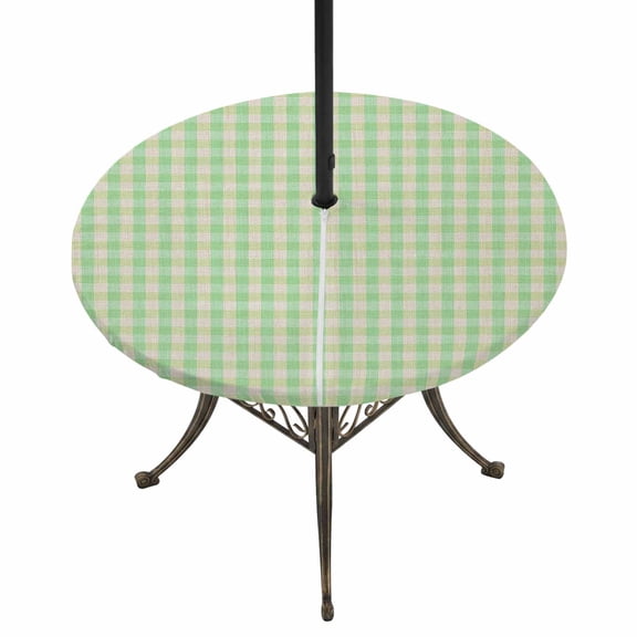 Round Outdoor Tablecloth with Umbrella Hole and Zipper, Sage Green Tablecloth with Elastic Waterproof, Grid Checkered Plaid Gingham Lattice Trellis Patio Table Covers for 36" - 44" Pool Tables