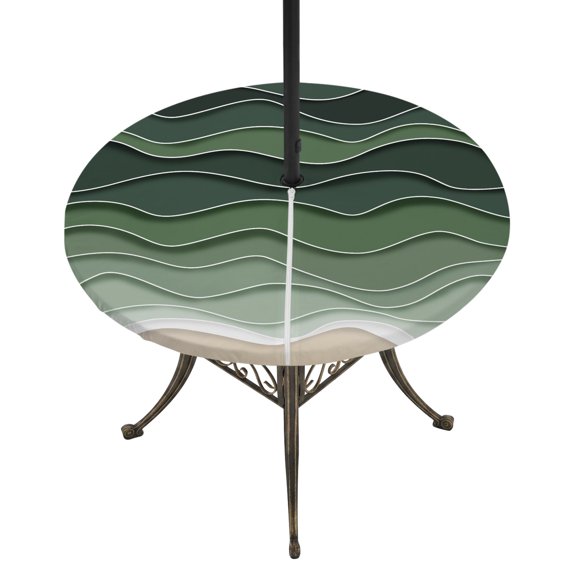 Round Outdoor Tablecloth with Umbrella Hole and Zipper, Sage Green Waves Tablecloth with Elastic Waterproof, Rustic Abstract Ombre Stripes Art Patio Table Covers for 45" - 54" Picnic Pool Tables