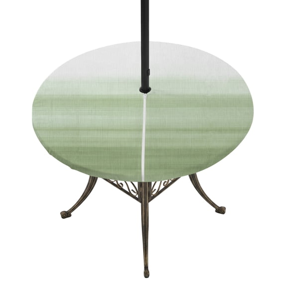 Round Outdoor Tablecloth with Umbrella Hole and Zipper, Sage Green White Ombre Tablecloth with Elastic Waterproof, Country Modern Stripes Lines Patio Table Covers for 45" - 54" Picnic Pool Tables