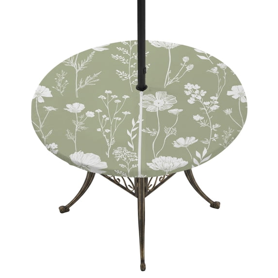 Round Outdoor Tablecloth with Umbrella Hole and Zipper, Sage Green Wildflowers Tablecloth with Elastic Waterproof, Farmhouse Floral Botanical Leaves Patio Table Covers for 36" - 44" Pool Tables