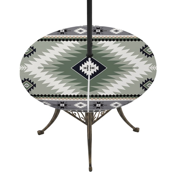 Round Outdoor Tablecloth with Umbrella Hole and Zipper, Sagge Green Boho Tablecloth with Elastic Waterproof, Country Southwest Aztec Geometric Patio Table Covers for 36" - 44" Picnic Pool Tables