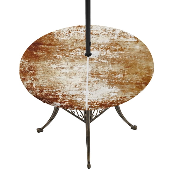 Round Outdoor Tablecloth with Umbrella Hole and Zipper, Shabby Burnt Orange Fitted Table Cover with Elastic Edge for 36-44 Inch, Oil Painting Vintage Art Brown White Waterproof Patio Tablecoths