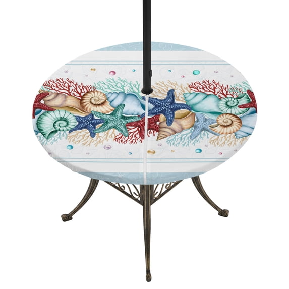 Round Outdoor Tablecloth with Umbrella Hole and Zipper, Sky Blue Ocean Starfish Tablecloth with Elastic Waterproof, Summer Coastal Coral Conch Patio Table Covers for 55" - 60" Picnic Pool Tables