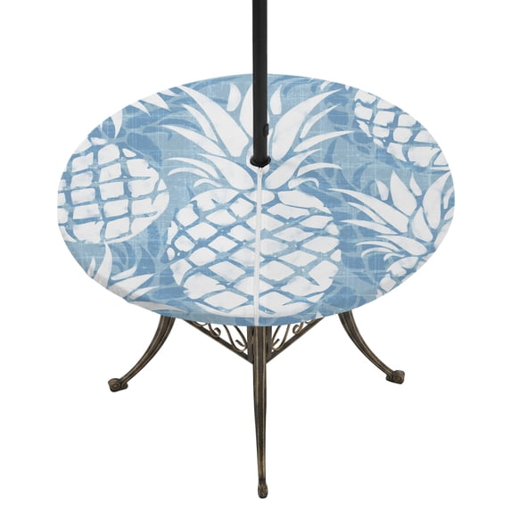 Round Outdoor Tablecloth with Umbrella Hole and Zipper, Sky Blue White Pineapple Tablecloth with Elastic Waterproof, Tropical Summer Botanical Fruits Patio Table Covers for 36" - 44" Pool Tables