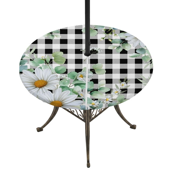 Round Outdoor Tablecloth with Umbrella Hole and Zipper, Spring Floral Tablecloth with Elastic Waterproof, Daisy Eucalyptus Leaves Black White Plaid Patio Table Covers for 55" - 60" Pool Tables