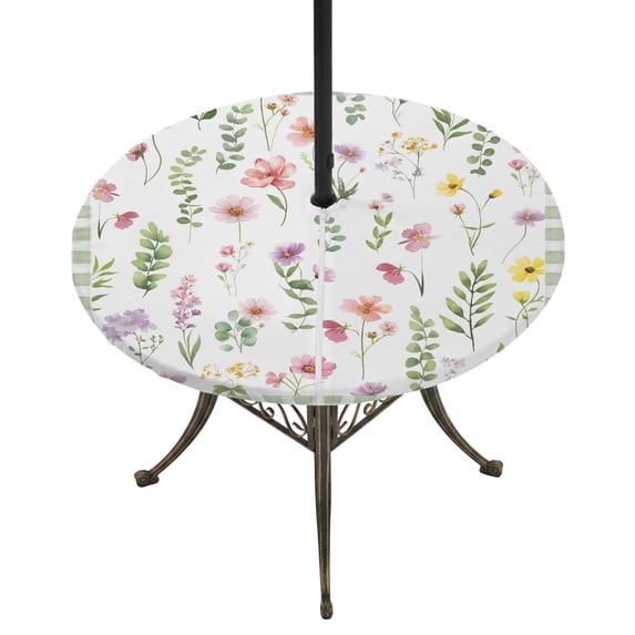 Round Outdoor Tablecloth with Umbrella Hole and Zipper, Spring Floral Tablecloth with Elastic Waterproof, Pink Flowers Sage Green Plaid Pastoral Patio Table Covers for 31" - 35" Picnic Pool Tables
