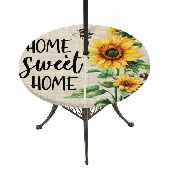 Round Outdoor Tablecloth with Umbrella Hole and Zipper, Spring Sunflowers Tablecloth with Elastic Waterproof, Bee Beige Farm Country Rustic Patio Table Covers for 36" - 44" Picnic Pool Tables