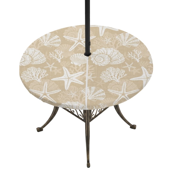Round Outdoor Tablecloth with Umbrella Hole and Zipper, Starfish Beige Coastal Tablecloth with Elastic Waterproof, Summer Nautical Shell Beach Patio Table Covers for 36" - 44" Picnic Pool Tables