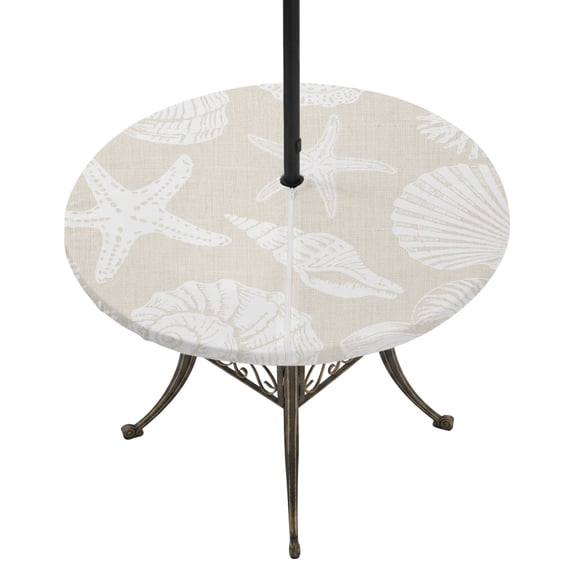 Round Outdoor Tablecloth with Umbrella Hole and Zipper, Starfish Coastal Tablecloth with Elastic Waterproof, Shell Summer Beach Nautical Ocean Linen Patio Table Covers for 36" - 44" Pool Tables