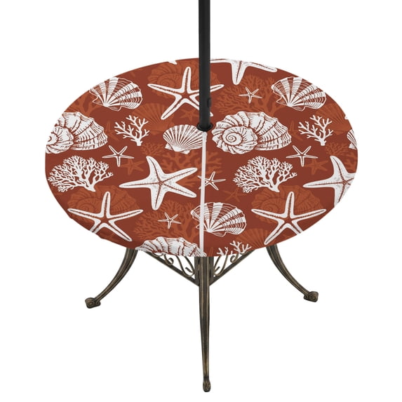 Round Outdoor Tablecloth with Umbrella Hole and Zipper, Starfish Red Coastal Tablecloth with Elastic Waterproof, Summer Nautical Shell Beach Patio Table Covers for 55" - 60" Picnic Pool Tables