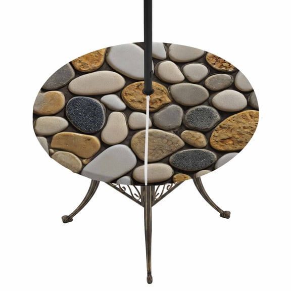 Round Outdoor Tablecloth with Umbrella Hole and Zipper, Stones Tablecloth with Elastic Waterproof, Gravel Rock Cobblestone Natural Pattern Art Patio Table Covers for 31" - 35" Picnic Pool Tables