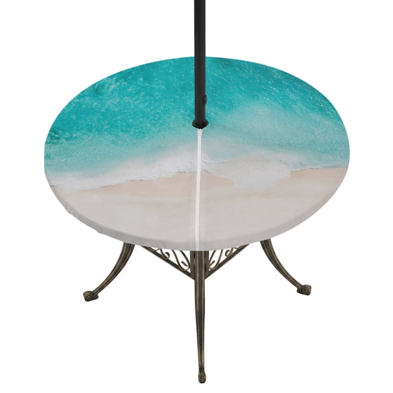 Round Outdoor Tablecloth with Umbrella Hole and Zipper, Summer Beach Tablecloth with Elastic Waterproof, Teal Green Seaside Turquoise Ombre Patio Table Covers for 31" - 35" Picnic Pool Tables