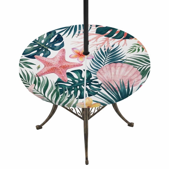 Round Outdoor Tablecloth with Umbrella Hole and Zipper, Summer Coastal Tablecloth with Elastic Waterproof, Beach Palm Leaves Coral Starfish Shell Patio Table Covers for 45" - 54" Picnic Pool Tables