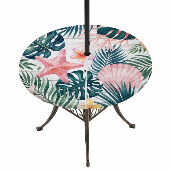 Round Outdoor Tablecloth with Umbrella Hole and Zipper, Summer Coastal Tablecloth with Elastic Waterproof, Palm Leaves Botanical Beach Starfish Shell Patio Table Covers for 31" - 35" Pool Tables