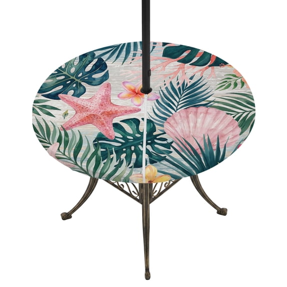 Round Outdoor Tablecloth with Umbrella Hole and Zipper, Summer Coastal Tablecloth with Elastic Waterproof, Palm Leaves Botanical Starfish Shell Beach Patio Table Covers for 55" - 60" Pool Tables