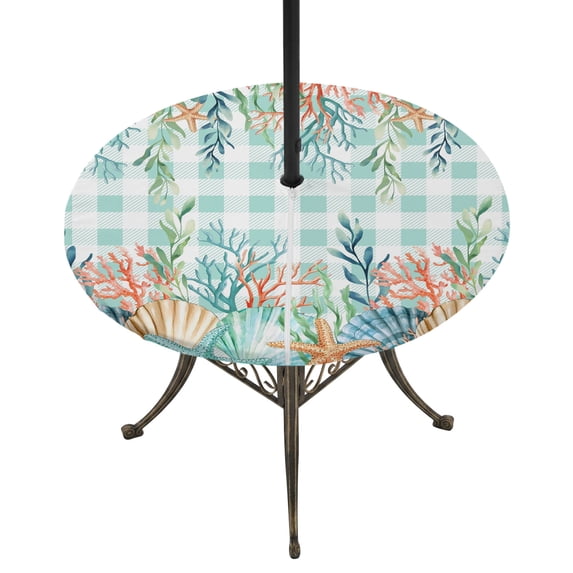 Round Outdoor Tablecloth with Umbrella Hole and Zipper, Summer Coastal Tablecloth with Elastic Waterproof, Watercolor Corals Shells Starfish Green Plaid Patio Table Covers for 31" - 35" Pool Tables