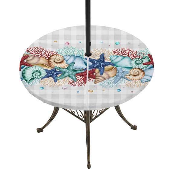 Round Outdoor Tablecloth with Umbrella Hole and Zipper, Summer Starfish Tablecloth with Elastic Waterproof, Blue Coral Beach Couch Coastal Grey Plaid Patio Table Covers for 31" - 35" Pool Tables