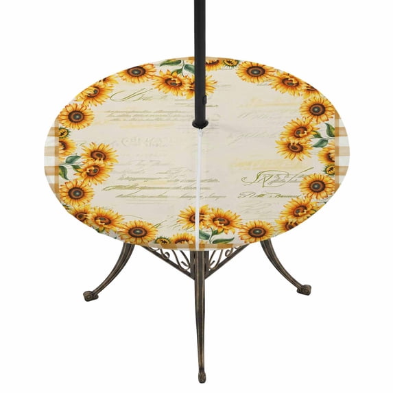 Round Outdoor Tablecloth with Umbrella Hole and Zipper, Summer Sunflowers Tablecloth with Elastic Waterproof, Country Botanical Flowers Leaves Patio Table Covers for 45" - 54" Picnic Pool Tables
