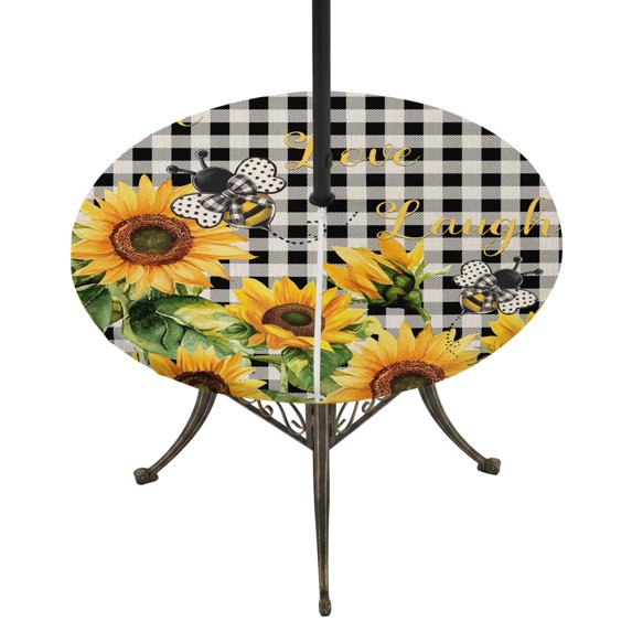 Round Outdoor Tablecloth with Umbrella Hole and Zipper, Sunflower Bee Tablecloth with Elastic Waterproof, Black Buffalo Plaid Botanical Leaf Floral Patio Table Covers for 31" - 35" Pool Tables