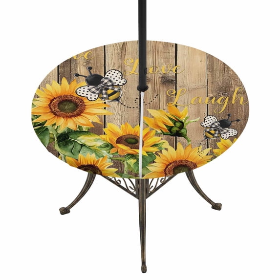 Round Outdoor Tablecloth with Umbrella Hole and Zipper, Sunflower Bee Tablecloth with Elastic Waterproof, Farmhouse Brown Wooden Botanical Floral Patio Table Covers for 36" - 44" Picnic Pool Tables