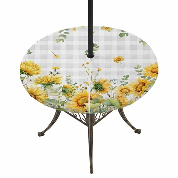 Round Outdoor Tablecloth with Umbrella Hole and Zipper, Sunflower Tablecloth with Elastic Waterproof, Summer Eucalyptus Botanical Floral Grey Plaid Patio Table Covers for 36" - 44" Pool Tables