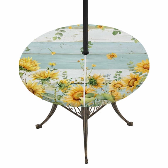 Round Outdoor Tablecloth with Umbrella Hole and Zipper, Sunflower Tablecloth with Elastic Waterproof, Summer Eucalyptus Botanical Floral Teal Wood Patio Table Covers for 31" - 35" Picnic Pool Tables