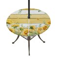 thumbnail image 1 of Round Outdoor Tablecloth with Umbrella Hole and Zipper, Sunflower Tablecloth with Elastic Waterproof, Summer Eucalyptus Botanical Floral Yellow Wood Patio Table Covers for 45" - 54" Pool Tables, 1 of 9