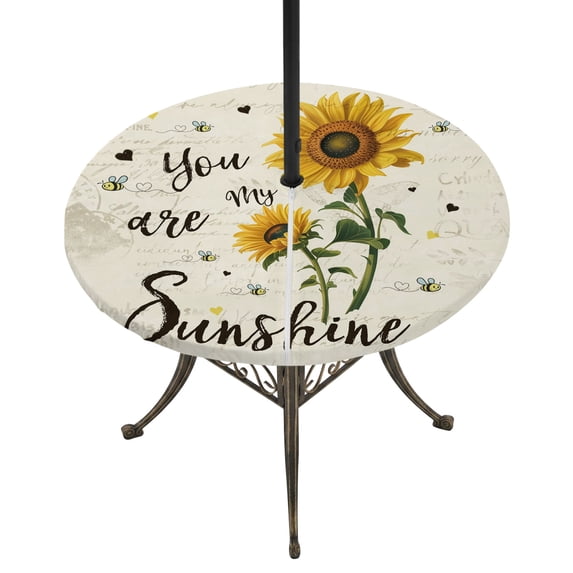 Round Outdoor Tablecloth with Umbrella Hole and Zipper, Sunflowers Pastoral Tablecloth with Elastic Waterproof, Bees Country Botanical Retro Beige Patio Table Covers for 45" - 54" Picnic Pool Tables