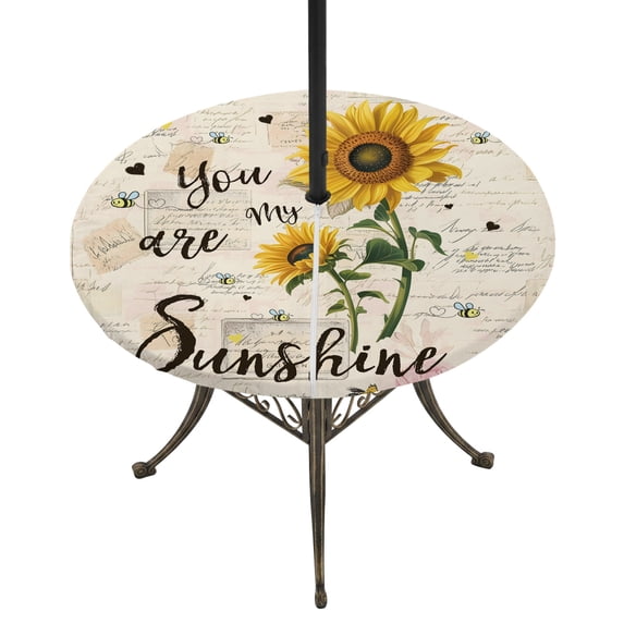 Round Outdoor Tablecloth with Umbrella Hole and Zipper, Sunflowers Tablecloth with Elastic Waterproof, Farmhouse Retro Botanical Floral Bee Love Heart Patio Table Covers for 45" - 54" Pool Tables