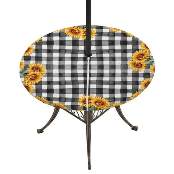 Round Outdoor Tablecloth with Umbrella Hole and Zipper, Sunflowers Tablecloth with Elastic Waterproof, Farmhouse Summer Floral Black White Plaid Patio Table Covers for 36" - 44" Picnic Pool Tables