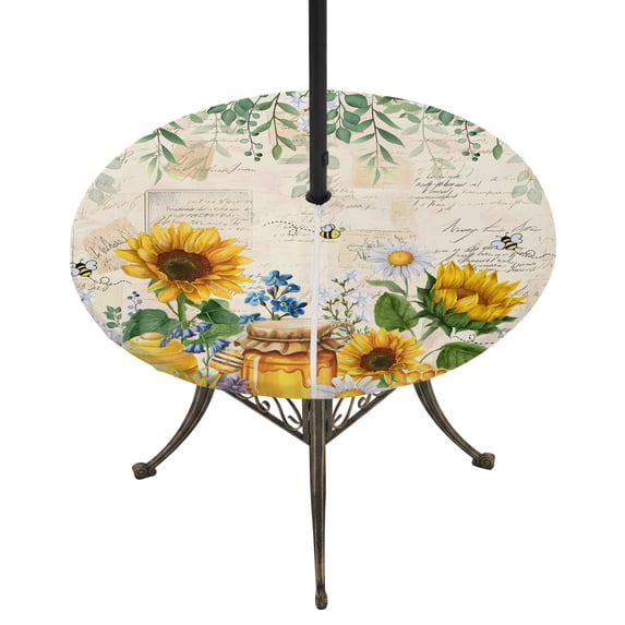 Round Outdoor Tablecloth with Umbrella Hole and Zipper, Sunflowers Tablecloth with Elastic Waterproof, Yellow Floral Bees Green Leaves Watercolor Patio Table Covers for 36" - 44" Picnic Pool Tables