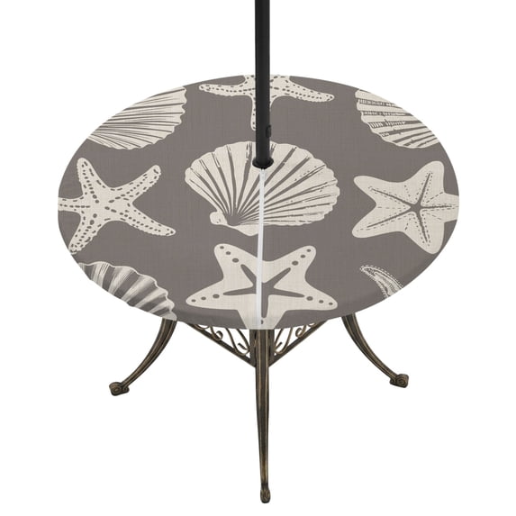 Round Outdoor Tablecloth with Umbrella Hole and Zipper, Taupe Coastal Starfish Tablecloth with Elastic Waterproof, Ocean Sea Shells Nautical Marine Patio Table Covers for 55" - 60" Pool Tables