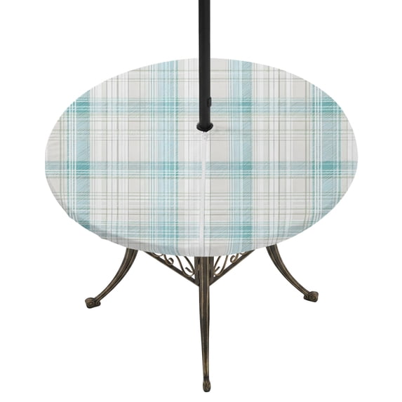 Round Outdoor Tablecloth with Umbrella Hole and Zipper, Teal Beige Checkered Tablecloth with Elastic Waterproof, Summer Modern Minimalist Patio Table Covers for 55" - 60" Picnic Pool Tables
