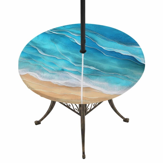 Round Outdoor Tablecloth with Umbrella Hole and Zipper, Teal Blue Coastal Beach Tablecloth with Elastic Waterproof, Summer Nautical Ocean Beige Seaside Patio Table Covers for 31" - 35" Pool Tables